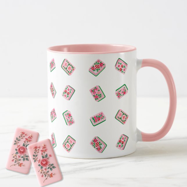 Caneca Azulejos de Mahjong Rosa Menina Floral (Criador carregado)