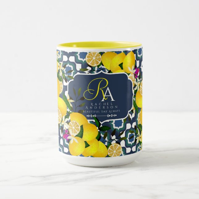 Caneca Azulejos Mediterrâneos de Limão Azul Naval Branco (Centro)