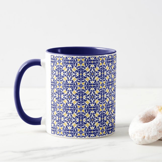 Caneca Azulejos mediterrânicos Padrão Azul e Amarelo (Com Donut)