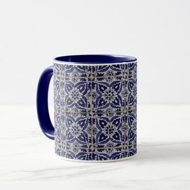 Caneca Azulejos Russos Italianos Azulejo Azul Branco Geom (Frente Esquerda)