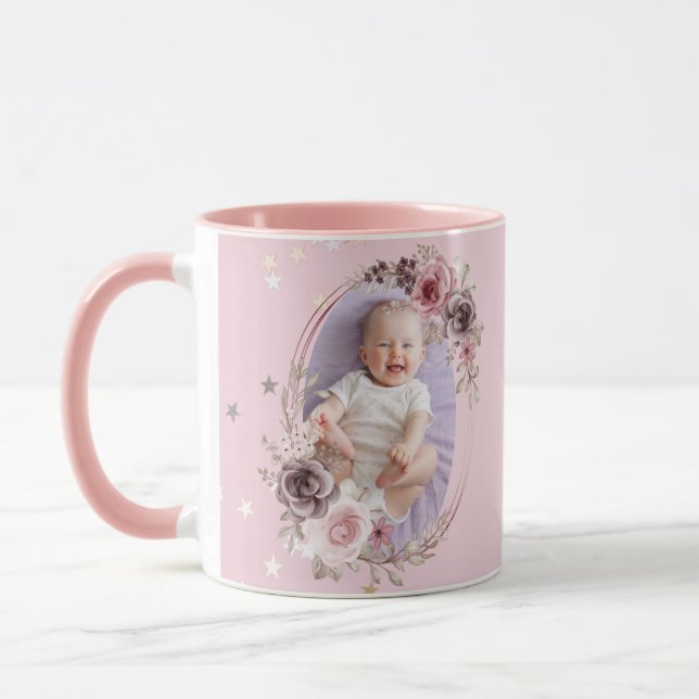 Caneca Baby Girl Photo Cute Elegant Modern Pink floral  (Esquerda)