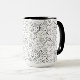 Caneca Baga Morango Cereja Preta Desenhada à mão Moderna.