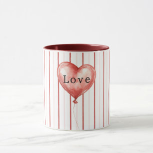 Caneca Balão Coração Vermelho Rosa Listras Brancas