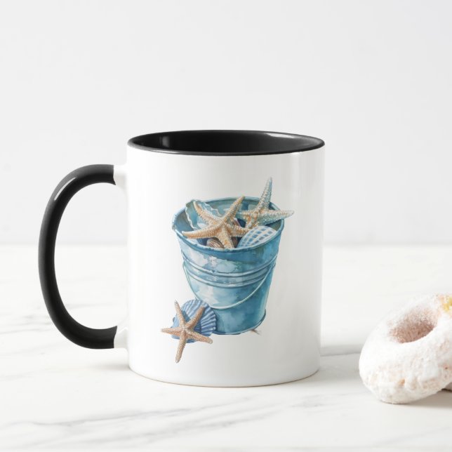 Caneca Balde de casquilhos - Design de Aquarela Azul (Com Donut)