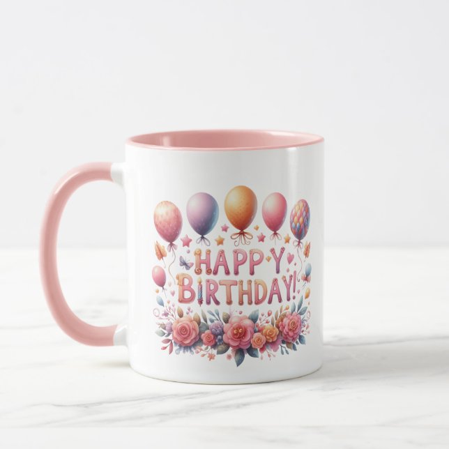 Caneca Balões de aniversário felizes e bonitos flores adi (Esquerda)