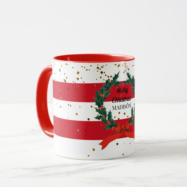 Caneca Bandas de terra de Natal Personalizadas Holly Berr (Frente Esquerda)