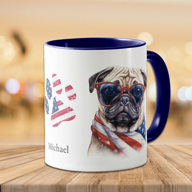 Caneca Bandeira Americana Patriótica Pug Dog (Criador carregado)