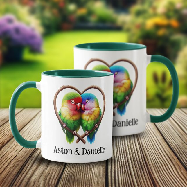 Caneca Banguecoque-pombinho-de-coração (Lovebirds in Heart-Shaped Branch 2 Two-Tone Mugs Cover Photo)