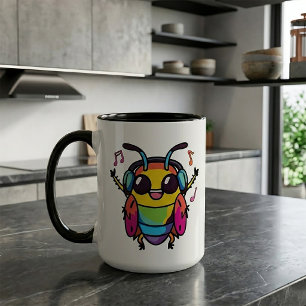Caneca Barata feliz com fones de ouvido ouvindo música