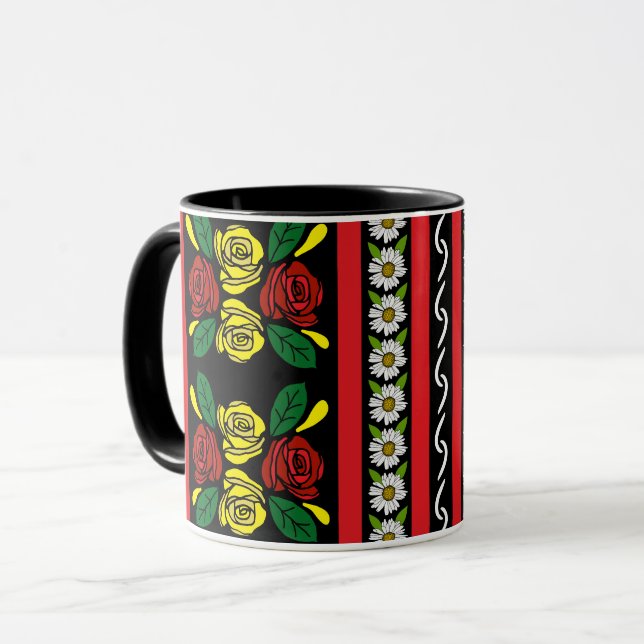 Caneca Barco Estreito Rosas Amarelas Vermelhas Padrão Flo (Frente Esquerda)