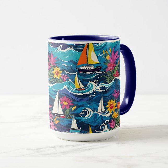 Caneca Barcos à vela com ondas e flores (Frente Esquerda)