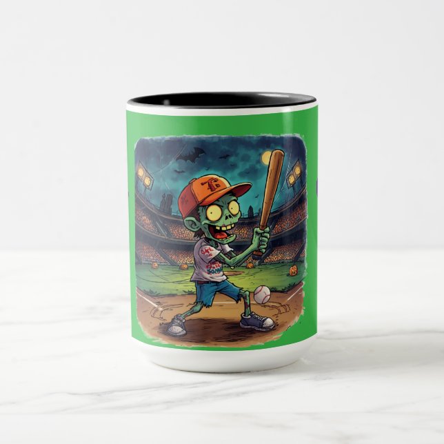 Caneca Baseball de Halloween, Zumbi,Cérebros Sobre as Bas (Centro)