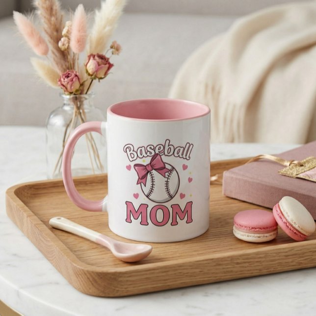 Caneca Baseball Mom Cute Pink Bow Design (Baseball Mom Cute Mug)