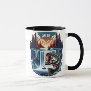 Caneca Bass Majestoso Saltando sobre Cachoeira ao Pôr do