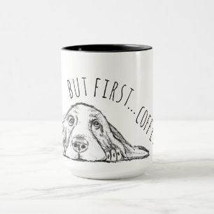 Caneca basset hound preto branco simples olhos de cachorr