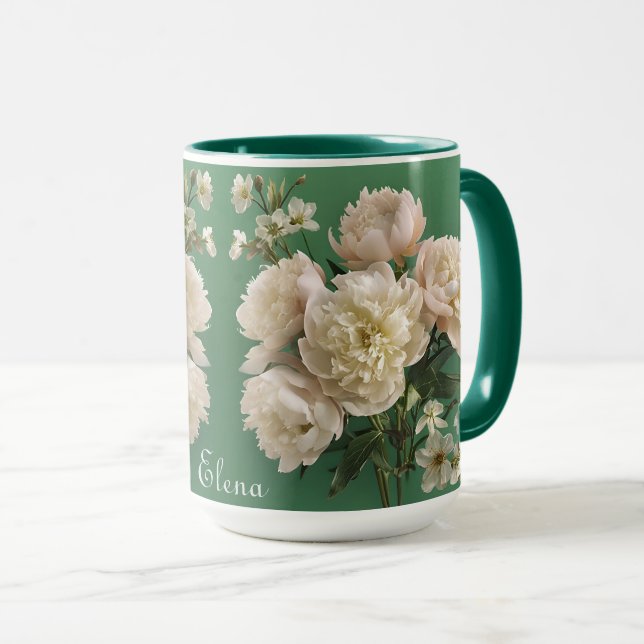 Caneca Beautiful White & Pink Peonies Name Monogram (Frente Esquerda)