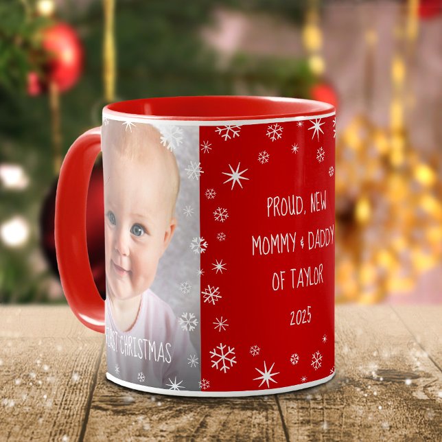 Caneca Bebê 1rua Natal Nova Mãe e Pai 2 Foto Vermelho (Criador carregado)
