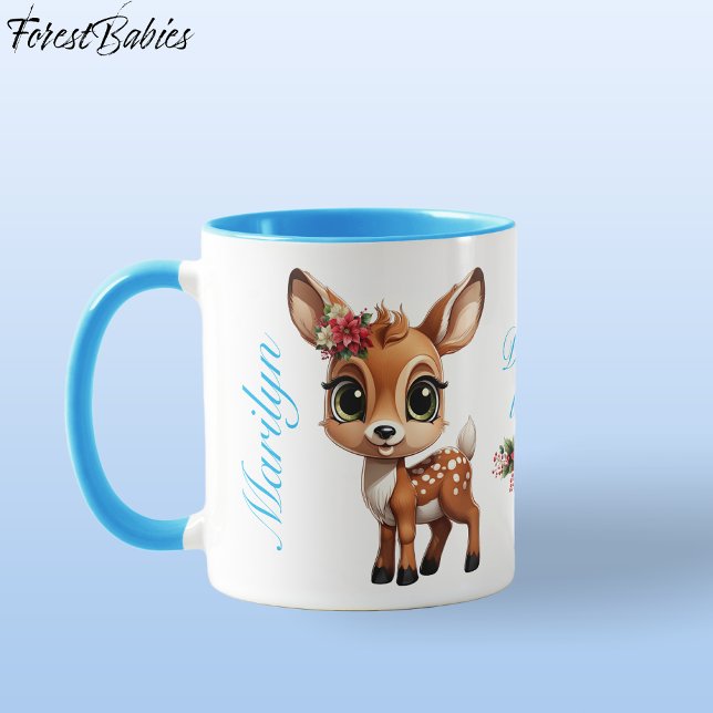Caneca Bebê Floral, Fawn, Doe 🦌 🎄 Deer-ly Love (Cute Baby Deer, Floral Fawn, Doe Lover 🦌 Poinsettia Flowers Blue Deer-ly Loved ForestBabies  Mug)