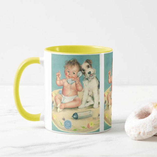 Caneca Bebê Fofo Antigo Falando no Telefone Cachorrinho (Com Donut)