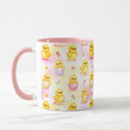 Caneca Bebê Frango Fofo Aquarela Padrão Rosa de Páscoa