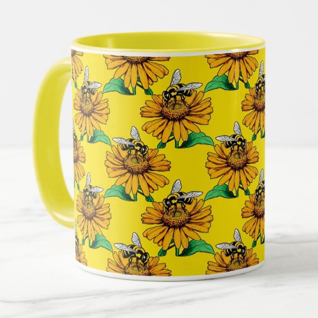 Caneca Bee on Sunflower Flower Pattern Design Yellow  (Criador carregado)