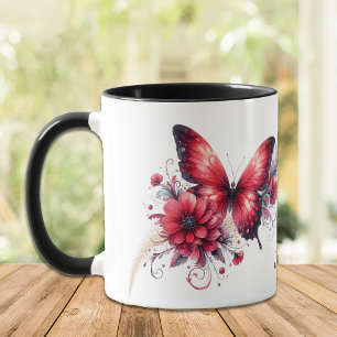 Caneca Bela Borboleta Floral de Fantasia Vermelha