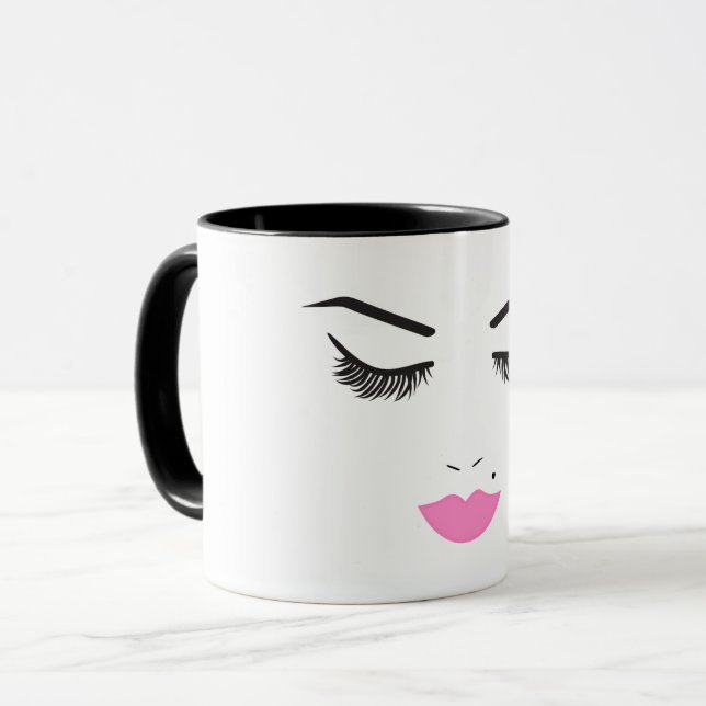 Caneca Bela Maquiagem Rostos Lashes e Lábios Rosa Relógio (Frente Esquerda)