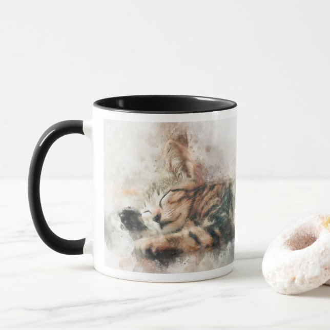Caneca Belo e bonito gatinho dormindo aquarela (Com Donut)