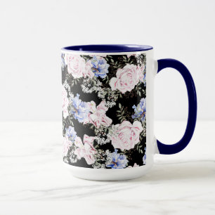 Caneca Belo Padrão Floral Rosas Iris Azul Rosa