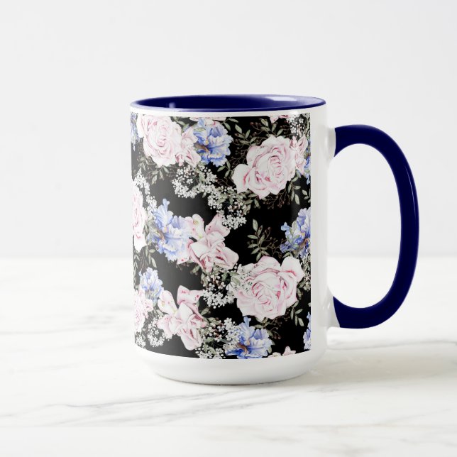 Caneca Belo Padrão Floral Rosas Iris Azul Rosa (Direita)