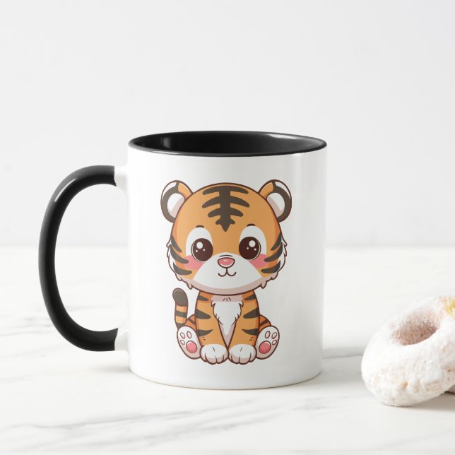 Caneca Belo tigre-bebê sentado Cartoon (Com Donut)