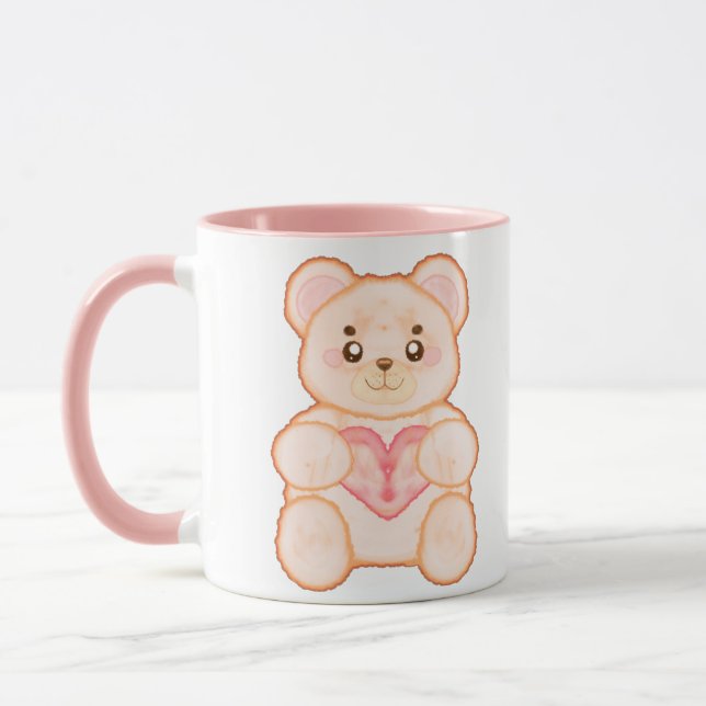 Caneca Belo Urso Dia de os namorados Com Coração Vermelho (Esquerda)