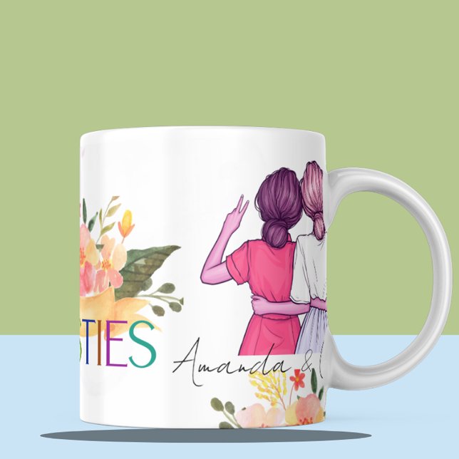 Caneca Besties BFF - Ilustração BFF - Melhores Amigos Flo (Besties BFF Cute Illustration Floral Best Friends Mug)