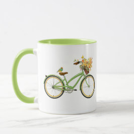 Caneca Bicicleta Com Cesto de Pássaro e Flor Verde Amarel