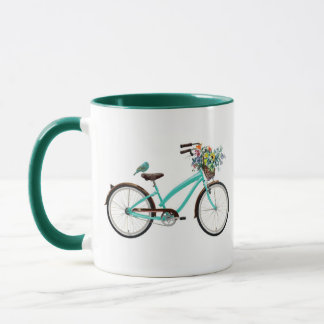 Caneca Bicicleta Com Cesto de Pássaro e Flores Azul Turqu
