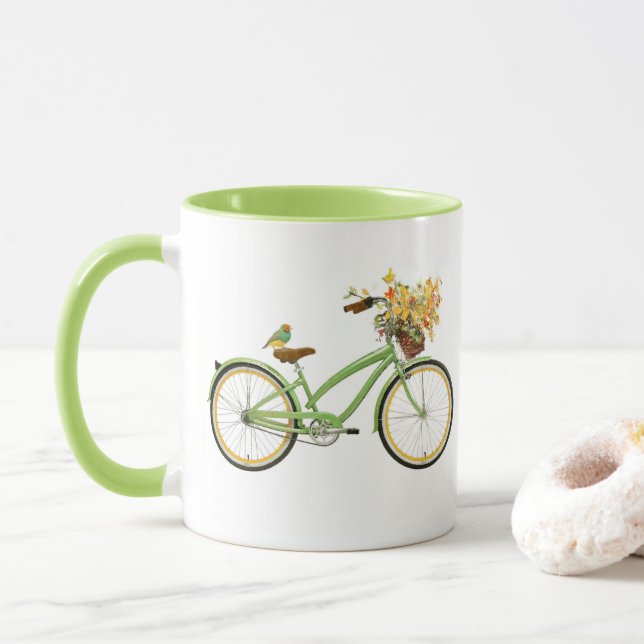 Caneca Bicycle With Bird and Flower Basket Green Yellow (Com Donut)