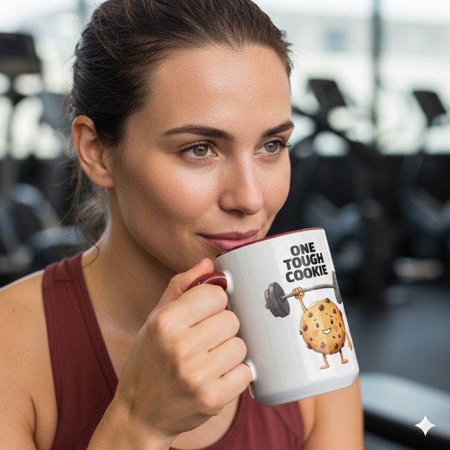 Caneca Biscoito Durão Engraçado Levantando Haltere (Funny One Tough Cookie Two-Tone 15oz Mug Cover Photo)