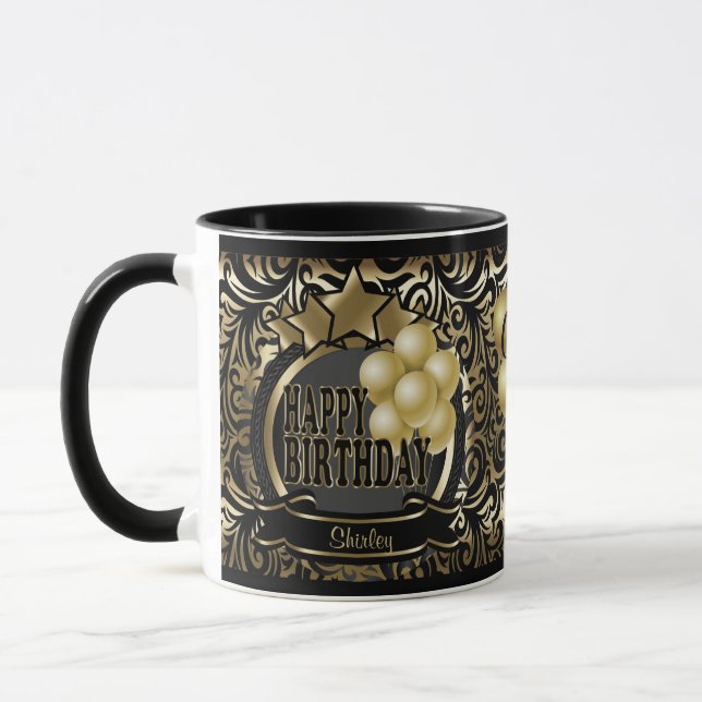 Caneca Black and Dourado Metallic Happy 00th Birthday Sta (Esquerda)