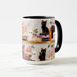 Caneca Black Cat Ghost Books Presente de Halloween