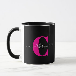 Caneca Black Pink Modern Stylish Script Monogram Name