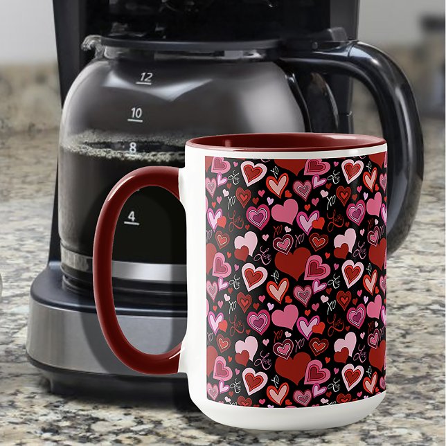 Caneca Black Pink Red Hearts Love Pattern (Criador carregado)