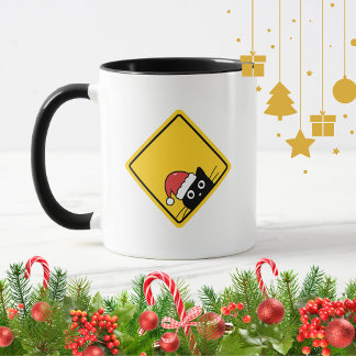 Caneca Black Sneaky Santa Cat U.S. Warning Sign
