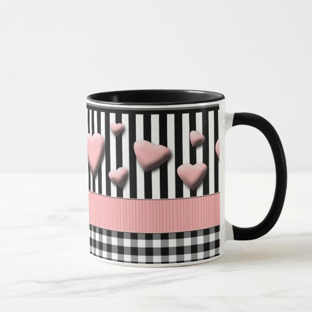Caneca Black White Stripes Corações Rosa (Direita)