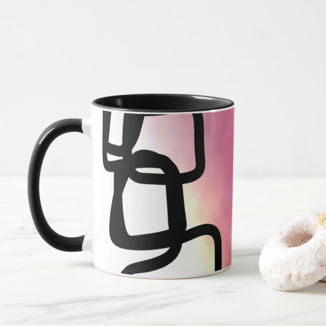 Caneca Blockchain: Abstrato Rosa, Amarelo, Preto e Branco (Com Donut)