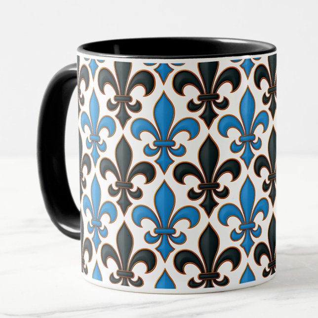 Caneca Blue Black Baroque Fleur-de-lis Pattern Design  (Criador carregado)