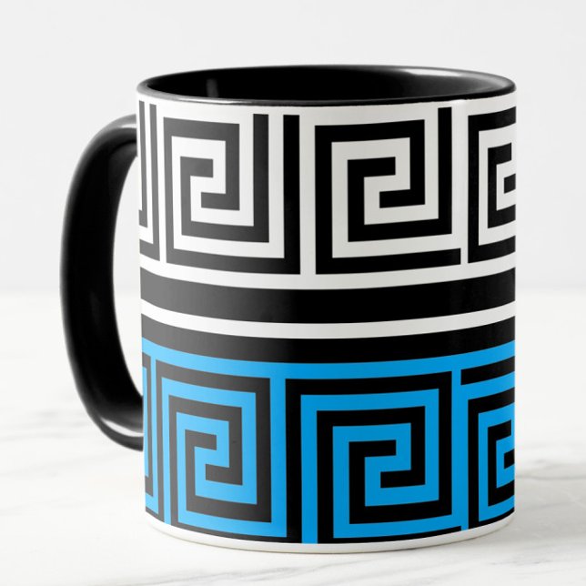 Caneca Blue Black White Greek Key Fret Pattern Design  (Criador carregado)