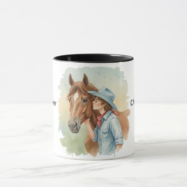 Caneca Blue Cowboy Kissing a Horse Birthday Party Gift (Centro)