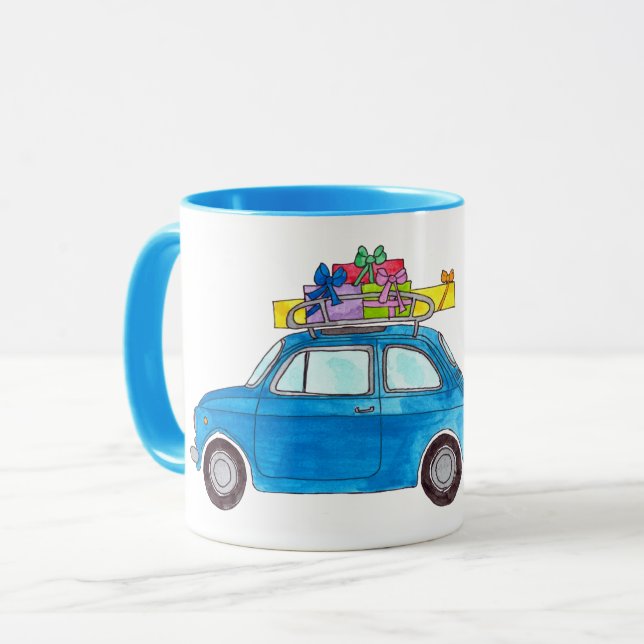 Caneca Blue Fiat 500 com dobras de Natal Aquarela (Frente Esquerda)