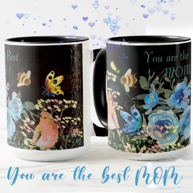 Caneca Blue Floral Black Best Mãe (Blue Floral Black Best Mom Mug)