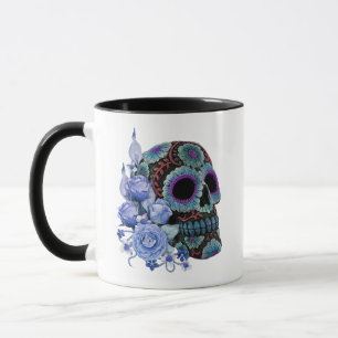 Caneca Blue Floral Black Sugar Skull Day Of The Dead